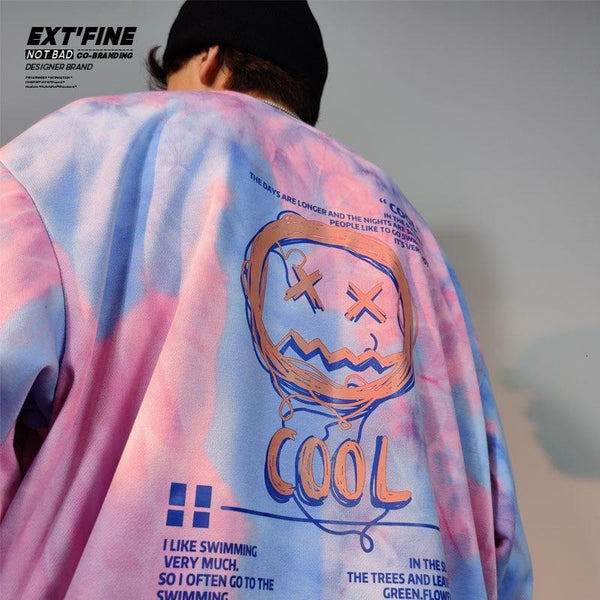 Planet Gates Korean Tie Dye Sweatshirts For Men Overszied Hoodies Hip Hop Smile Face Printed Man Casual Baggy Sweatshirt Clothes