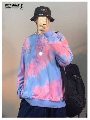 Planet Gates Korean Tie Dye Sweatshirts For Men Overszied Hoodies Hip Hop Smile Face Printed Man Casual Baggy Sweatshirt Clothes