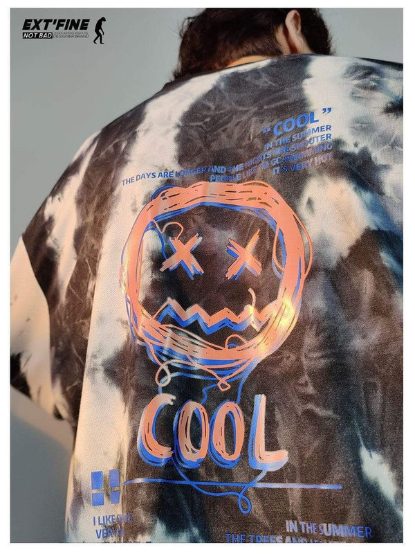 Planet Gates Korean Tie Dye Sweatshirts For Men Overszied Hoodies Hip Hop Smile Face Printed Man Casual Baggy Sweatshirt Clothes