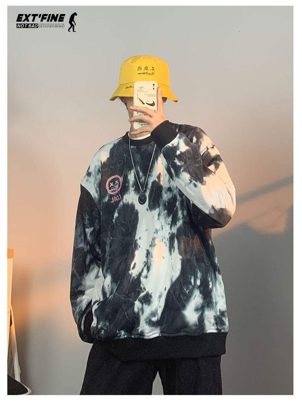 Planet Gates Korean Tie Dye Sweatshirts For Men Overszied Hoodies Hip Hop Smile Face Printed Man Casual Baggy Sweatshirt Clothes