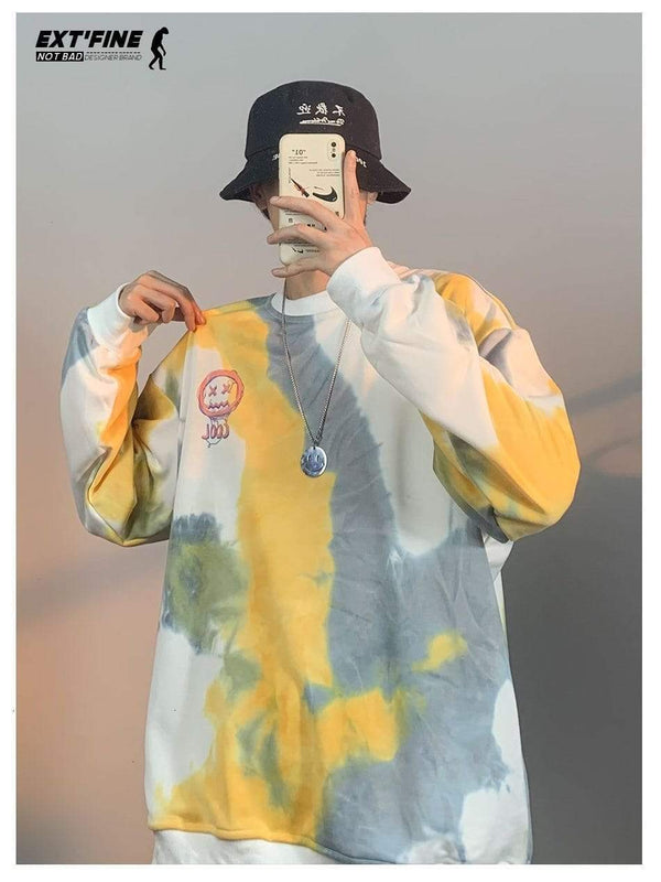 Planet Gates Korean Tie Dye Sweatshirts For Men Overszied Hoodies Hip Hop Smile Face Printed Man Casual Baggy Sweatshirt Clothes