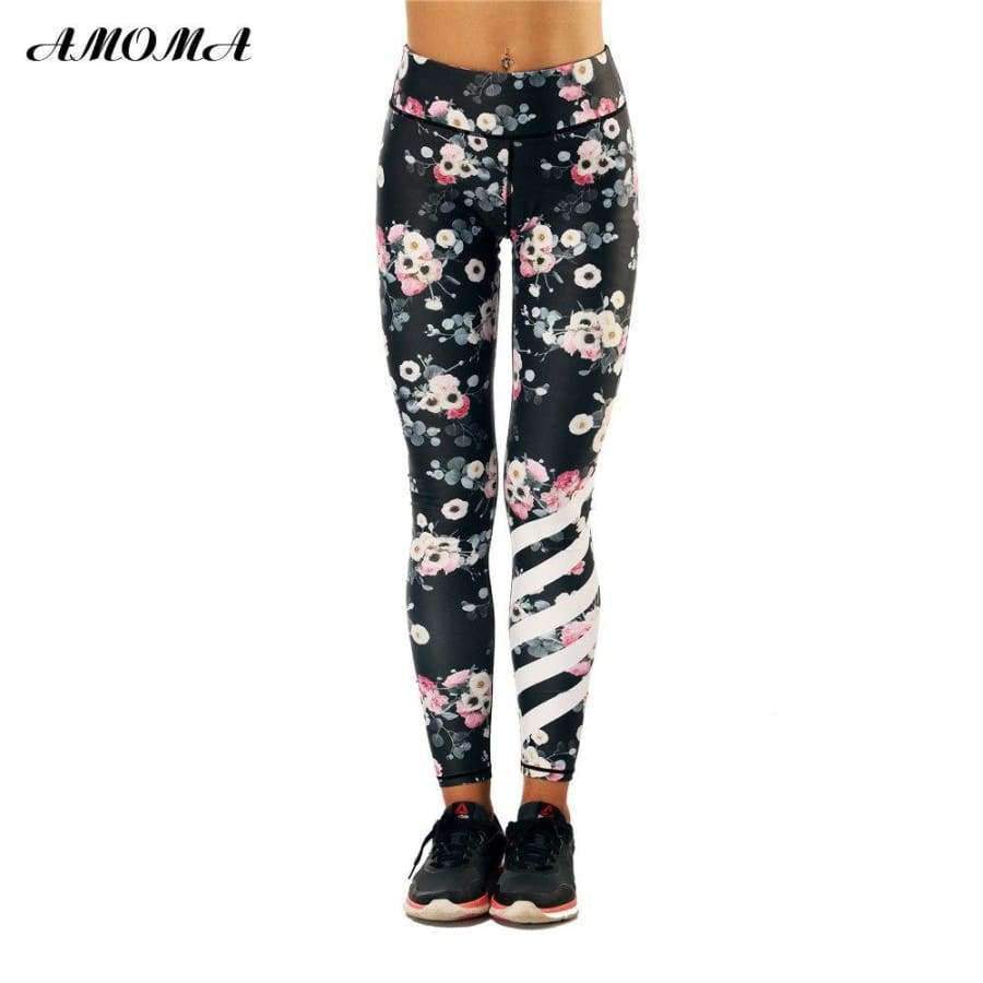 Planet Gates L Women Floral Pattern Print High Waist Elastic Leggings Slim Shape Pants