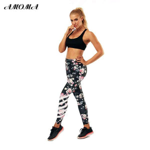 Planet Gates L Women Floral Pattern Print High Waist Elastic Leggings Slim Shape Pants
