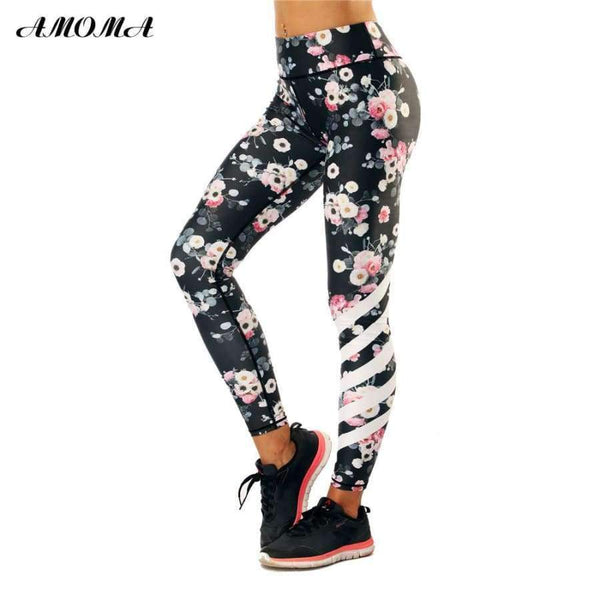 Planet Gates L Women Floral Pattern Print High Waist Elastic Leggings Slim Shape Pants