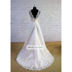 Planet Gates Lace A-line  Floor-Length  V-Neck Wedding dress  Sweep/Brush Train Sleeveless Real/Original Photos Custom made
