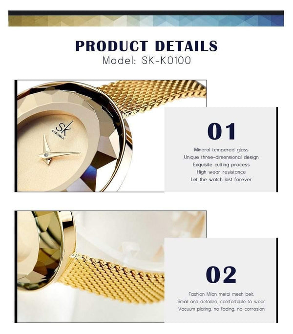 Planet Gates Ladies Watch Prism Fac Gold Steel Mesh Quartz Women Watches Top Brand Clock Relogio Feminino