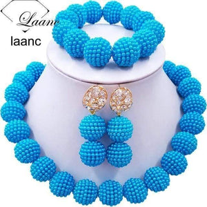 Planet Gates Lake Blue African Beads Jewelry Set for Nigerian Wedding Simulated Pearl Necklace and Earrings SP1R004