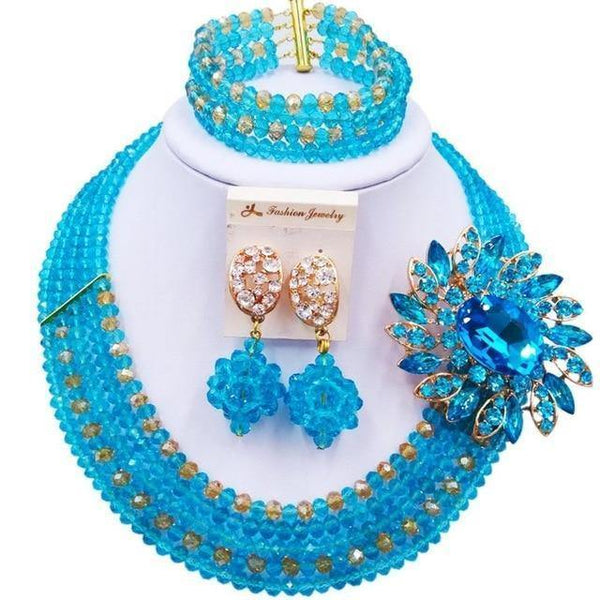 Planet Gates Lake Blue Gold AB Wine Gold AB Crystal Nigerian Necklace African Beads Wedding Jewelry Sets for Women C5RST003