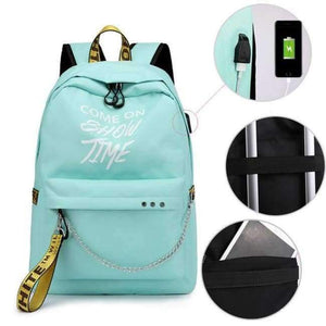 Planet Gates lake green Winmax Luminous USB Badge Women Backpack Fashion Letters Print School Bag Girls Teenager Chain Backpack Bolsa Mochilas Sac A Dos