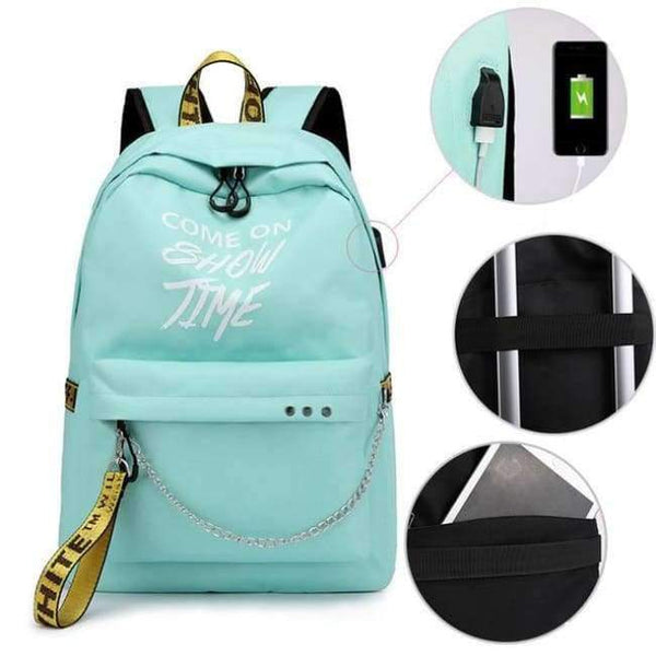 Planet Gates lake green Winmax Luminous USB Badge Women Backpack Fashion Letters Print School Bag Girls Teenager Chain Backpack Bolsa Mochilas Sac A Dos