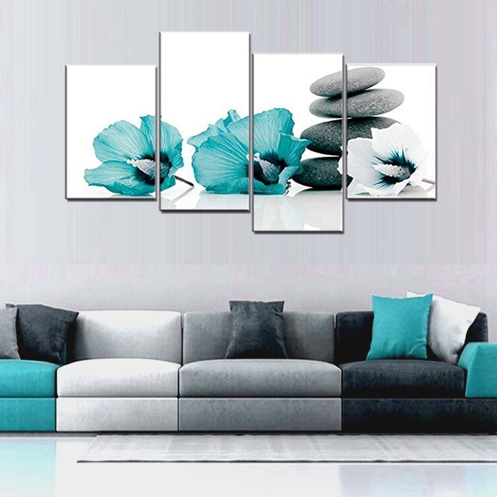 Planet Gates Large Teal Grey and White Lily Floral Canvas Wall Art Pictures for Bedroom Wall Decor Flower Prints Multi Wall Art Dining Room