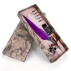Planet Gates Lavender English Calligraphy Feather Dip Pen Writing Ink Set Stationery Gift Box with 5 Nib