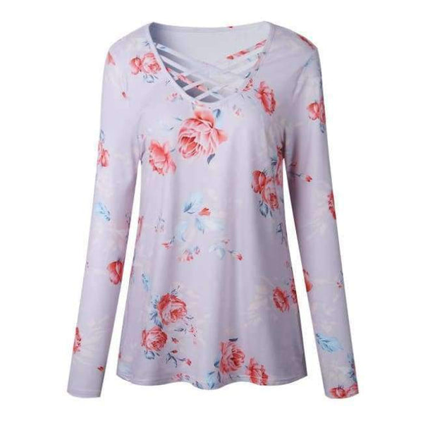 Planet Gates Lavender / S Printed Floral V-Neck T-Shirt Women Tops Autumn Winter 2017 T Shirt Female Top Tees Casual Long Sleeve White Blue tshirt