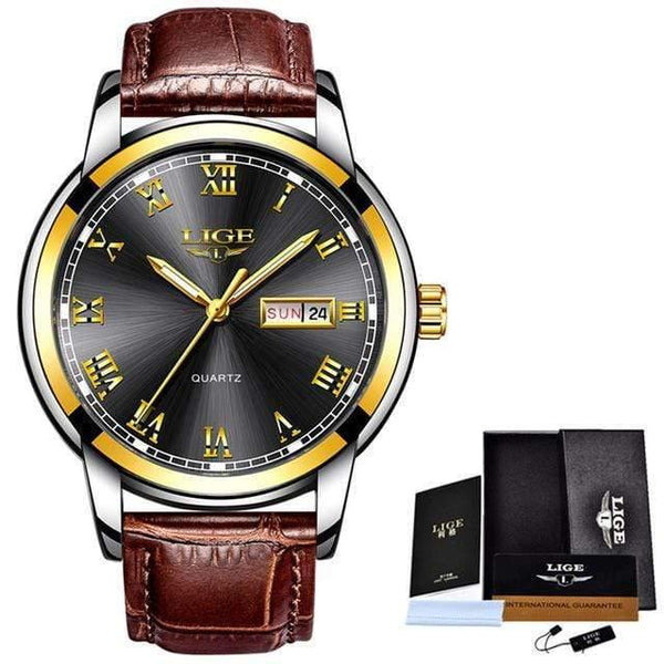 Planet Gates Leather Gold Black Watch Men Fashion Sports Quartz Full Steel Gold Business Mens Watches Top Brand Luxury Waterproof Watch Relogio Masculino