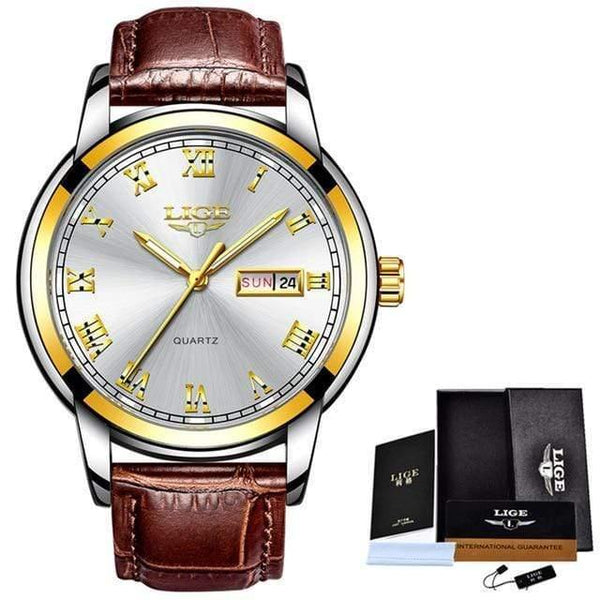 Planet Gates Leather Gold White Watch Men Fashion Sports Quartz Full Steel Gold Business Mens Watches Top Brand Luxury Waterproof Watch Relogio Masculino