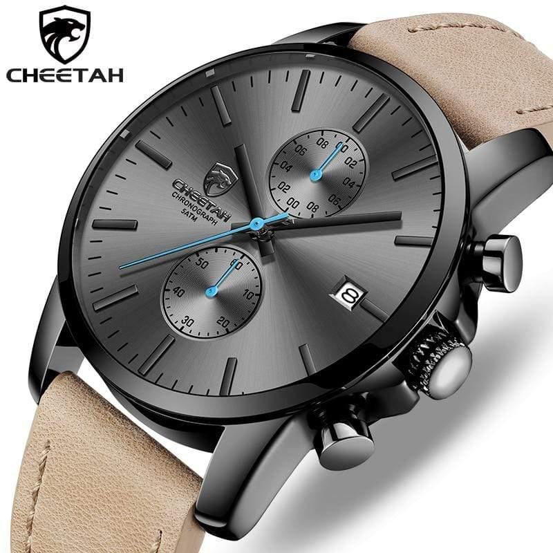 Planet Gates Leather Grey Men Watch CHEETAH Brand Fashion Sports Quartz Watches Mens Leather Waterproof Chronograph Clock Business Relogio Masculino