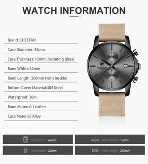 Planet Gates Leather Grey Men Watch CHEETAH Brand Fashion Sports Quartz Watches Mens Leather Waterproof Chronograph Clock Business Relogio Masculino