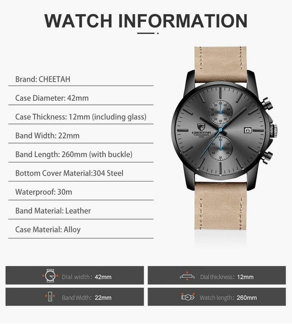 Planet Gates Leather Grey Men Watch CHEETAH Brand Fashion Sports Quartz Watches Mens Leather Waterproof Chronograph Clock Business Relogio Masculino