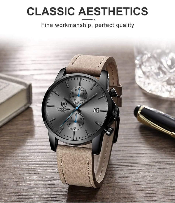 Planet Gates Leather Grey Men Watch CHEETAH Brand Fashion Sports Quartz Watches Mens Leather Waterproof Chronograph Clock Business Relogio Masculino