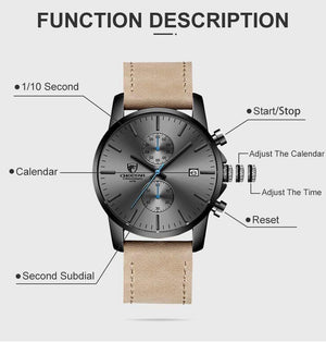 Planet Gates Leather Grey Men Watch CHEETAH Brand Fashion Sports Quartz Watches Mens Leather Waterproof Chronograph Clock Business Relogio Masculino