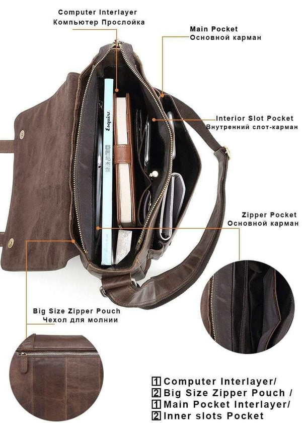 Planet Gates Leather Men Bag Shoulder Crossbody Bags Crazy Horse Laptop Male Messenger Bags Vintage Design Bag for Men
