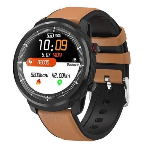 Planet Gates leather strap Tan / China Smart Watch Waterproof Women Men Smartwatch Round Screen Heart Rate Pedometer Call Message Reminder Smart Activity Tracker