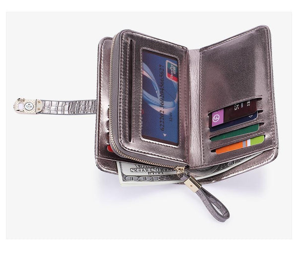 Planet Gates Leather Women Wallets Crocodile Pattern Small Wallet Magnetic Buckle Cowhide Women Purse With Zipper Short