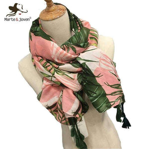 Planet Gates Leaves Print Polyester Long Shawls Wraps for Women Green&Pink Spring Warm Stoles Scarf Elegant Ladies Muslim Hijab