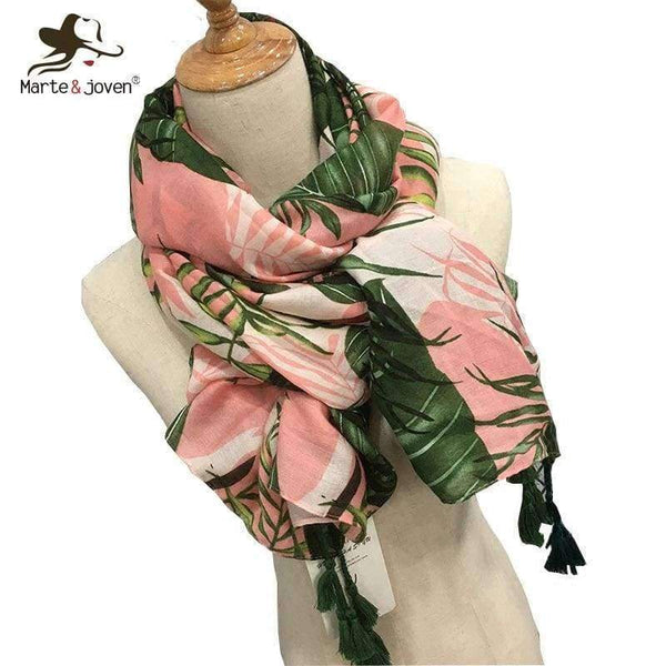 Planet Gates Leaves Print Polyester Long Shawls Wraps for Women Green&Pink Spring Warm Stoles Scarf Elegant Ladies Muslim Hijab