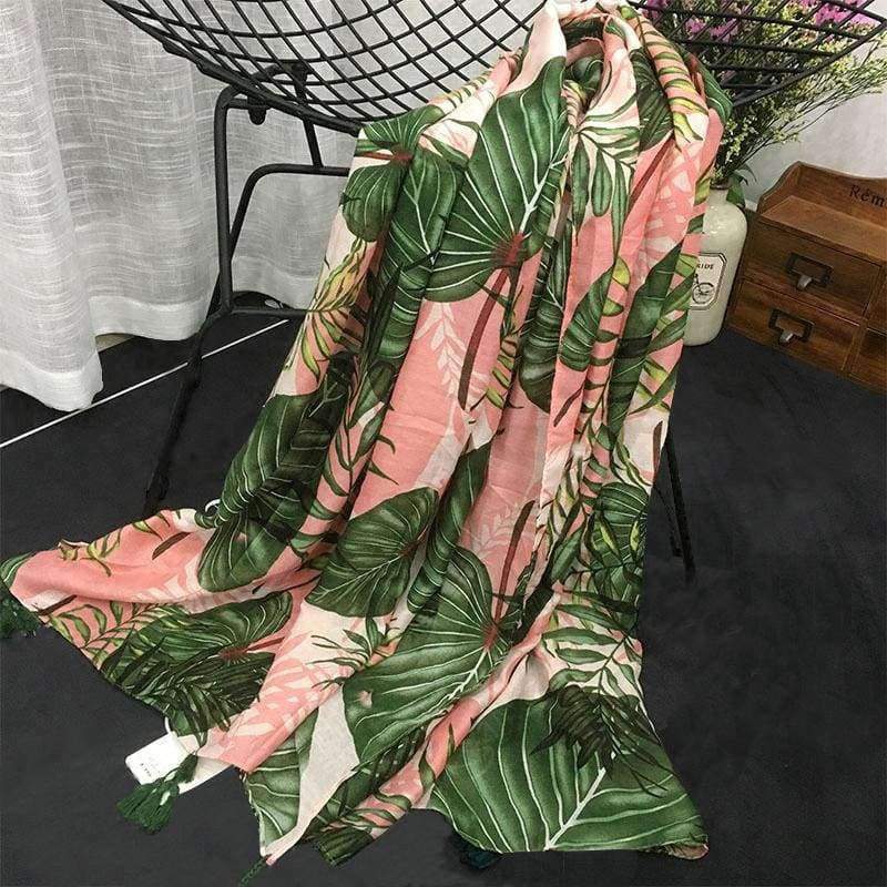 Planet Gates Leaves Print Polyester Long Shawls Wraps for Women Green&Pink Spring Warm Stoles Scarf Elegant Ladies Muslim Hijab