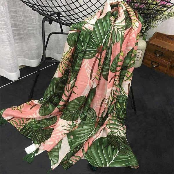Planet Gates Leaves Print Polyester Long Shawls Wraps for Women Green&Pink Spring Warm Stoles Scarf Elegant Ladies Muslim Hijab