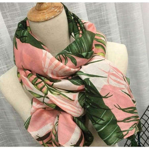 Planet Gates Leaves Print Polyester Long Shawls Wraps for Women Green&Pink Spring Warm Stoles Scarf Elegant Ladies Muslim Hijab