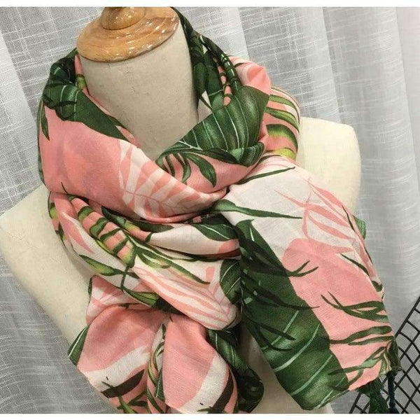 Planet Gates Leaves Print Polyester Long Shawls Wraps for Women Green&Pink Spring Warm Stoles Scarf Elegant Ladies Muslim Hijab