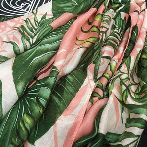 Planet Gates Leaves Print Polyester Long Shawls Wraps for Women Green&Pink Spring Warm Stoles Scarf Elegant Ladies Muslim Hijab