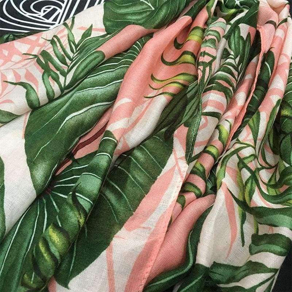 Planet Gates Leaves Print Polyester Long Shawls Wraps for Women Green&Pink Spring Warm Stoles Scarf Elegant Ladies Muslim Hijab