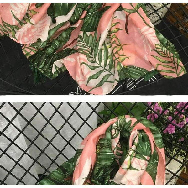 Planet Gates Leaves Print Polyester Long Shawls Wraps for Women Green&Pink Spring Warm Stoles Scarf Elegant Ladies Muslim Hijab