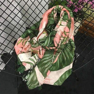 Planet Gates Leaves Print Polyester Long Shawls Wraps for Women Green&Pink Spring Warm Stoles Scarf Elegant Ladies Muslim Hijab