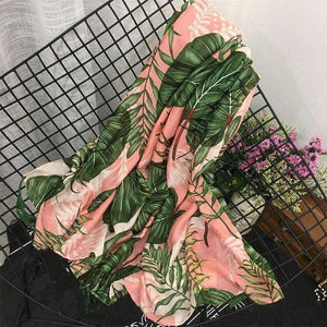 Planet Gates Leaves Print Polyester Long Shawls Wraps for Women Green&Pink Spring Warm Stoles Scarf Elegant Ladies Muslim Hijab