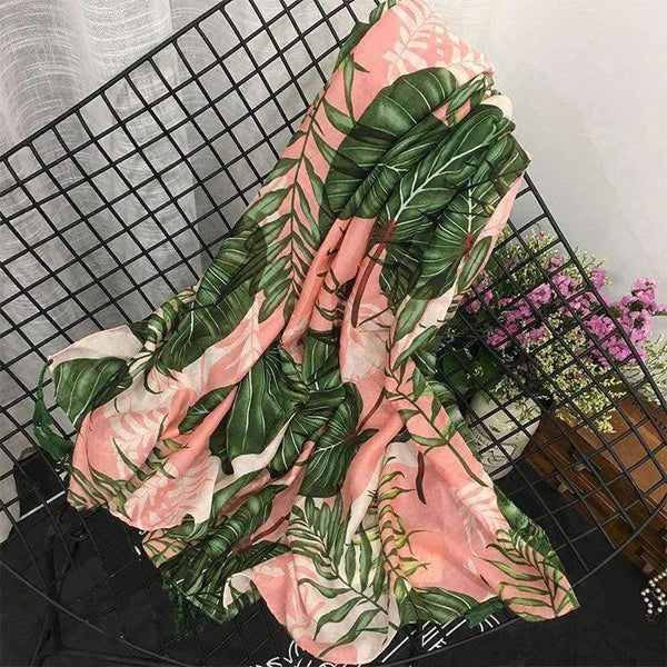 Planet Gates Leaves Print Polyester Long Shawls Wraps for Women Green&Pink Spring Warm Stoles Scarf Elegant Ladies Muslim Hijab