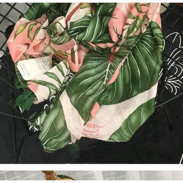 Planet Gates Leaves Print Polyester Long Shawls Wraps for Women Green&Pink Spring Warm Stoles Scarf Elegant Ladies Muslim Hijab