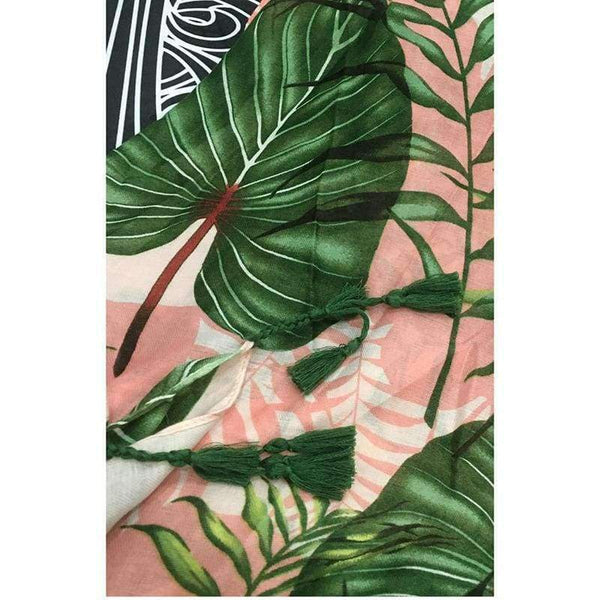 Planet Gates Leaves Print Polyester Long Shawls Wraps for Women Green&Pink Spring Warm Stoles Scarf Elegant Ladies Muslim Hijab