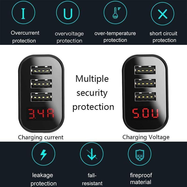 Planet Gates LED Display 3 USB Charger, Baseus Mobile Phone USB Charger Fast Charging Wall Charger For iPhone Samsung Xiaomi 3.4A Max Charger
