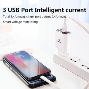 Planet Gates LED Display 3 USB Charger, Baseus Mobile Phone USB Charger Fast Charging Wall Charger For iPhone Samsung Xiaomi 3.4A Max Charger