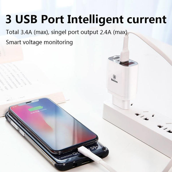 Planet Gates LED Display 3 USB Charger, Baseus Mobile Phone USB Charger Fast Charging Wall Charger For iPhone Samsung Xiaomi 3.4A Max Charger