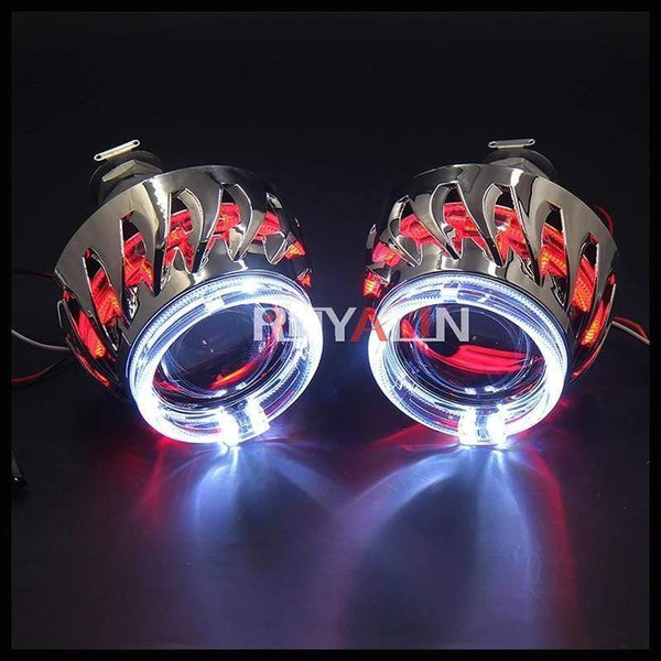 Planet Gates LED DRL Double Angel Eyes Halo Rings Turbine Mini Projector Lens Bi Xenon H1 Headlight Shrouds White H4 H7 Auto Lamp DIY