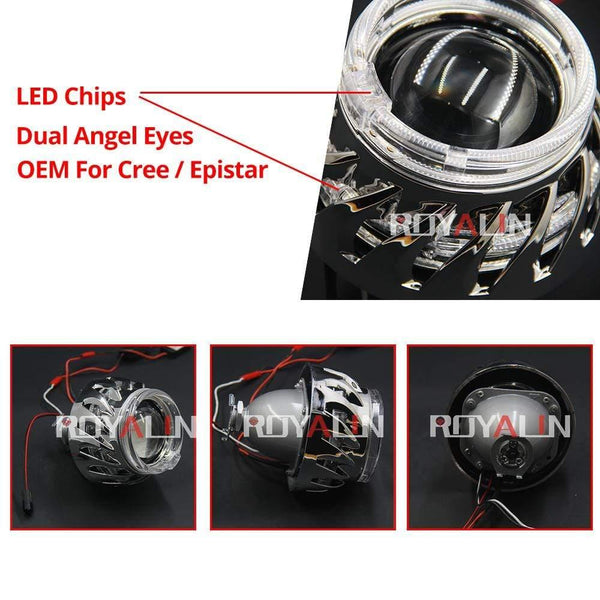 Planet Gates LED DRL Double Angel Eyes Halo Rings Turbine Mini Projector Lens Bi Xenon H1 Headlight Shrouds White H4 H7 Auto Lamp DIY