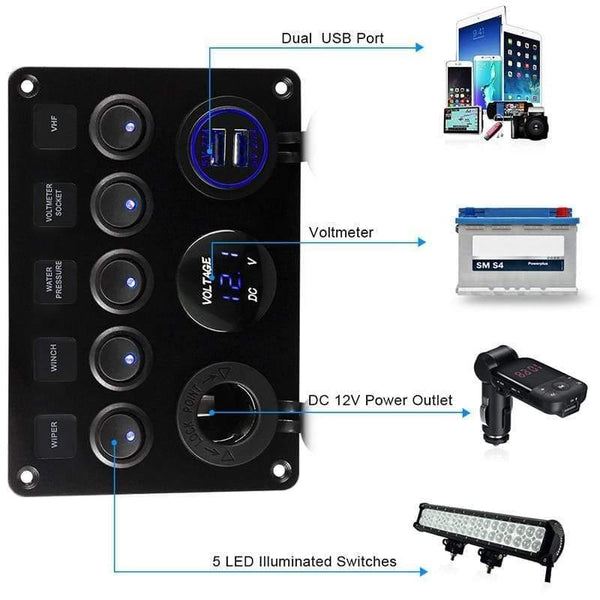 Planet Gates Led Marine Boat Switch Panel 12v 24v 6 Gang Waterproof On-Off Toggle Panel Switch USB Charger Socket Voltmeter 12v Power Outlet