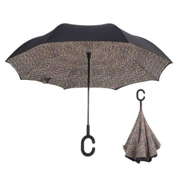 Planet Gates Leopard Reverse Umbrellas Folding Double Layer Inverted C Hand Holder Stand Rain Windproof Rolling Over Umbrella For Women