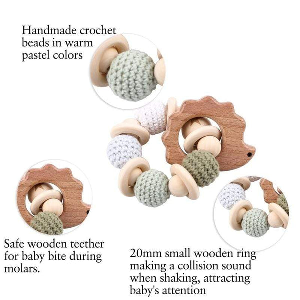 Planet Gates Let's Make 1PC Wooden Teether Hedgehog Crochet Beads Wood Crafts Ring Engraved Bead Baby Teether Wooden Toys For Baby Rattle