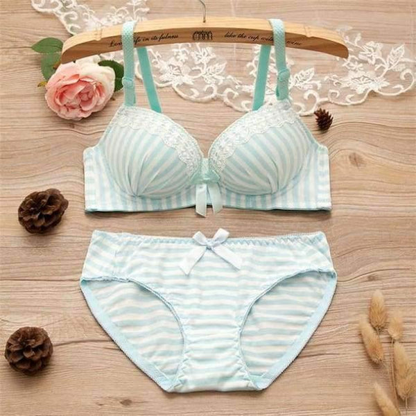 Planet Gates Light Blue / 12 Teenage Girls Stripe Training Bras Sets Young Student Wireless Cotton Bras Lace Panties 2Pcs Sets Teens Development Clothes GB15